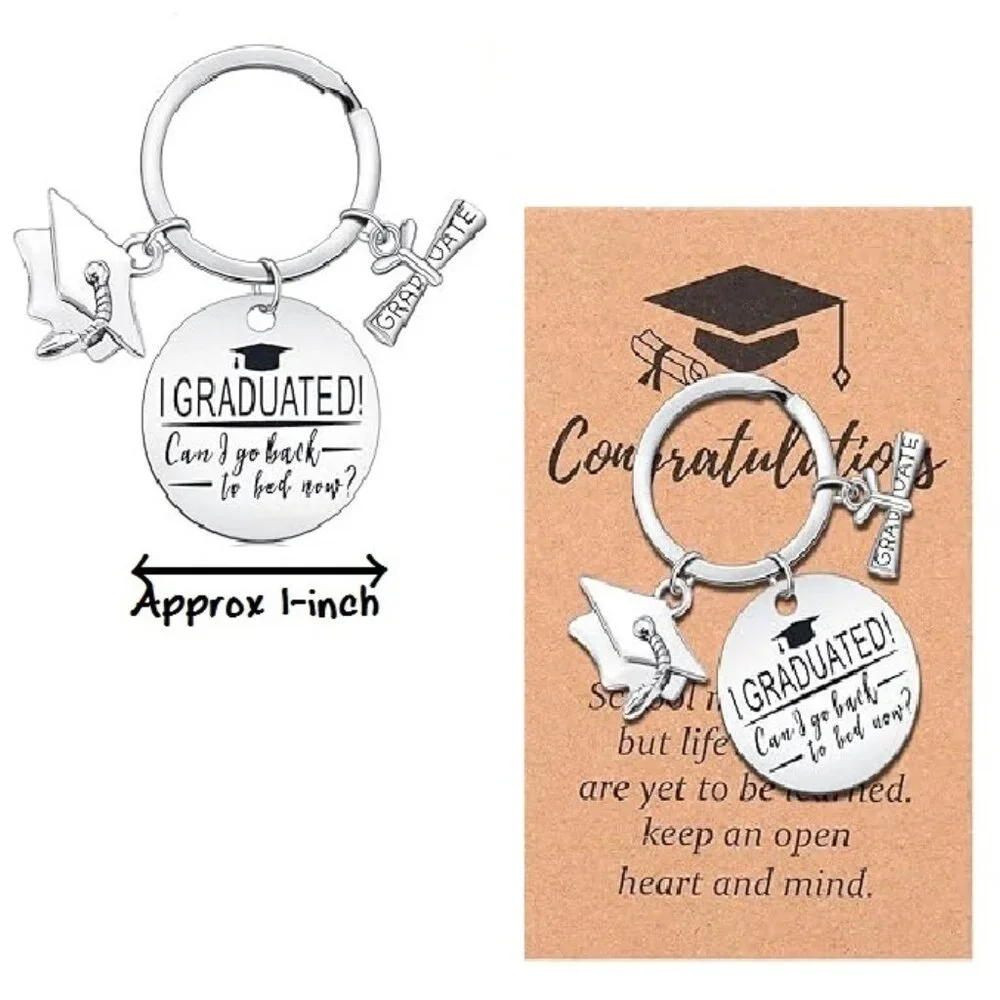 Graduation Gift CAN I GO BACK TO BED NOW Funny Grad Keychain Jewelry NEW SEALED
